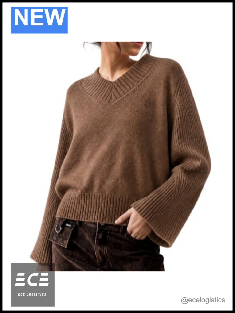 Cropped V-Neck Flare Sleeve Sweater Oversized Knit Pullover Jumper